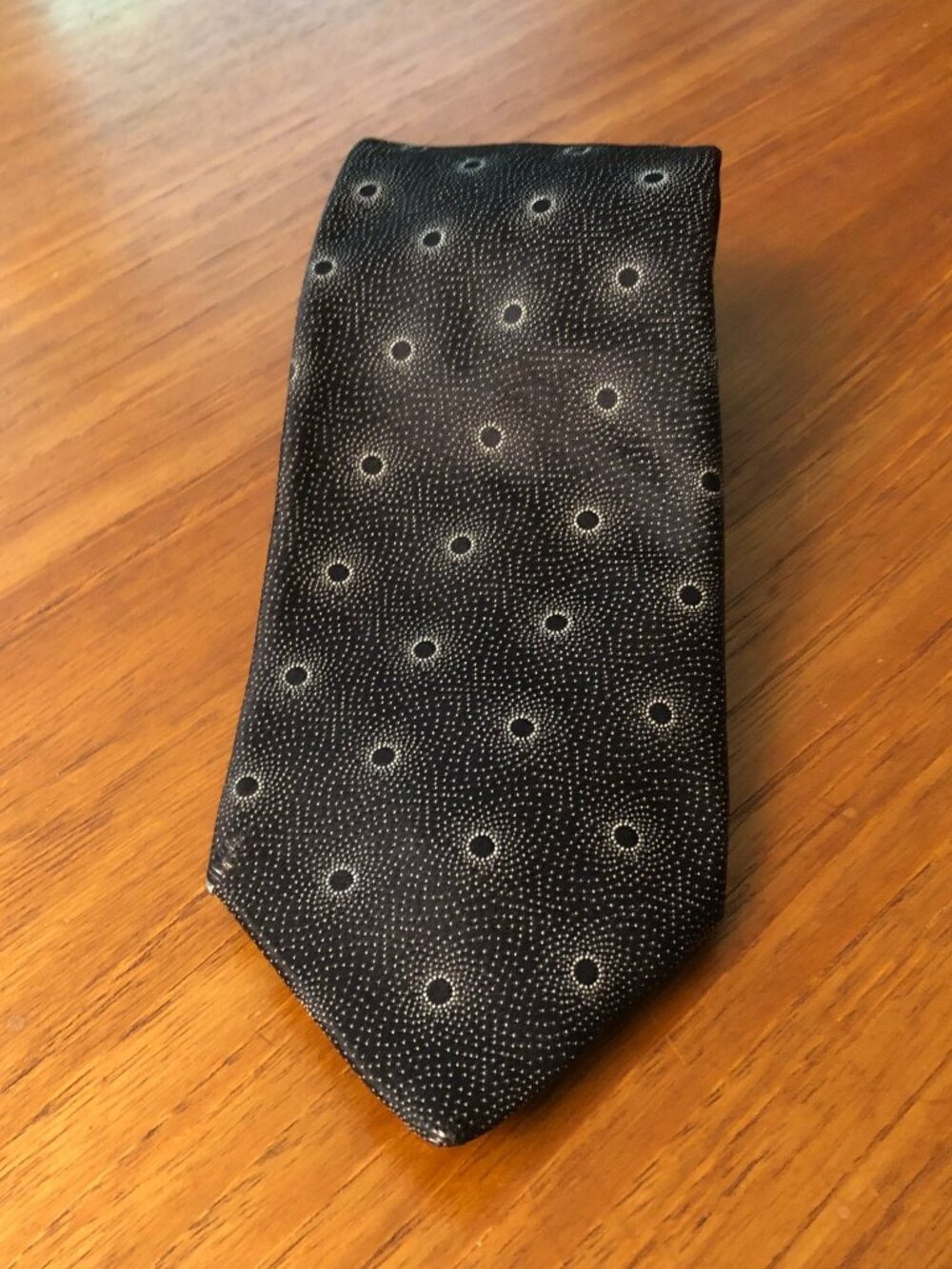 Ike Behar Black Silk Tie White Circle Pattern USA